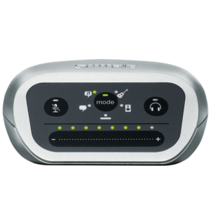 Interfaz de audio digital, entrada combo XLR / ¼", phantom power, salida a audífonos, 5 preseleccio-nes de grabación, compatible con iOS, Android, Mac y PC, incluye cables USB y Lightning.