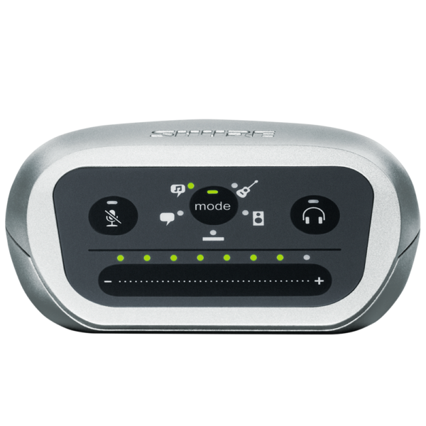 Interfaz de audio digital, entrada combo XLR / ¼", phantom power, salida a audífonos, 5 preseleccio-nes de grabación, compatible con iOS, Android, Mac y PC, incluye cables USB y Lightning.
